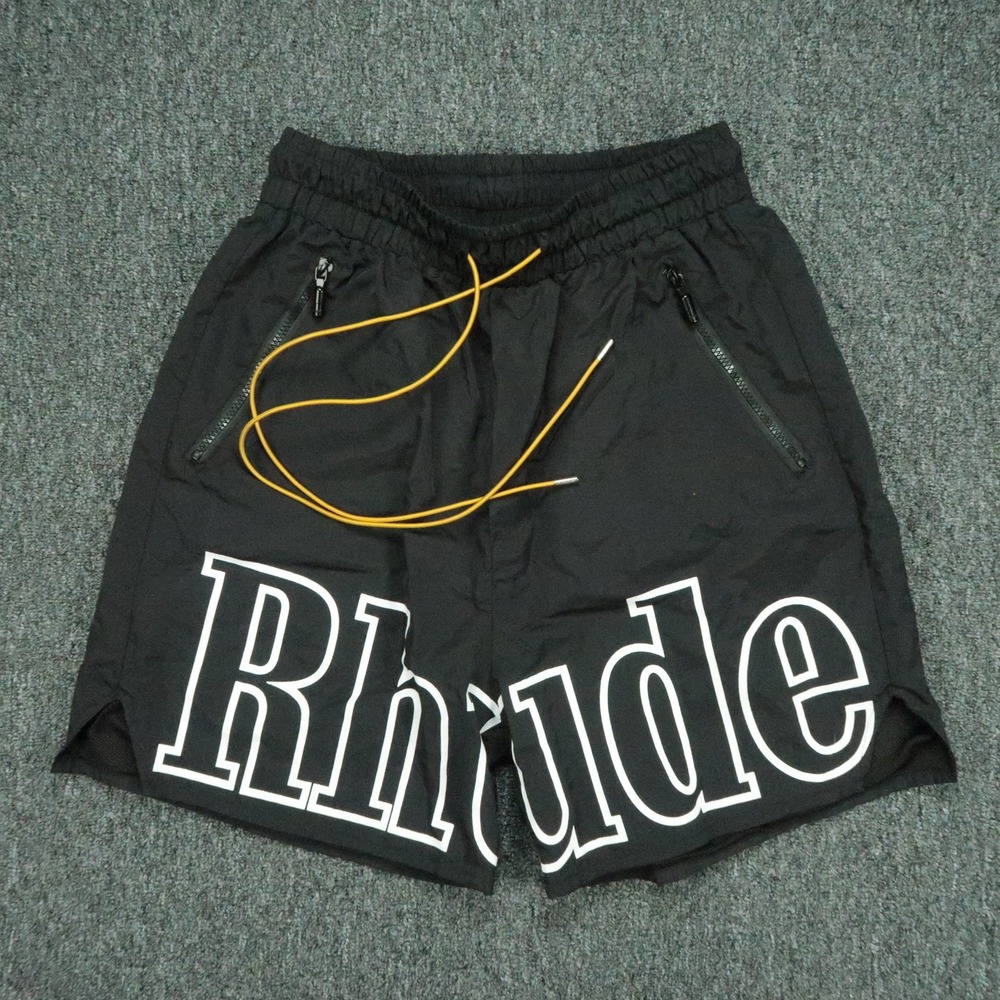 Rhude Shorts Mens XL Black Mesh Lined Spellout Logo Athletic Zip Pockets